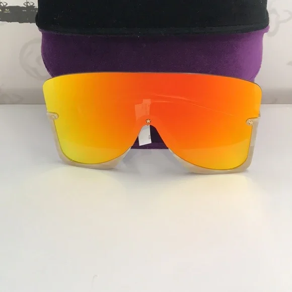 Gucci GG0540S 004 Beige Oversized Shield Sunglasses Orange Mirror - Picture 8 of 14